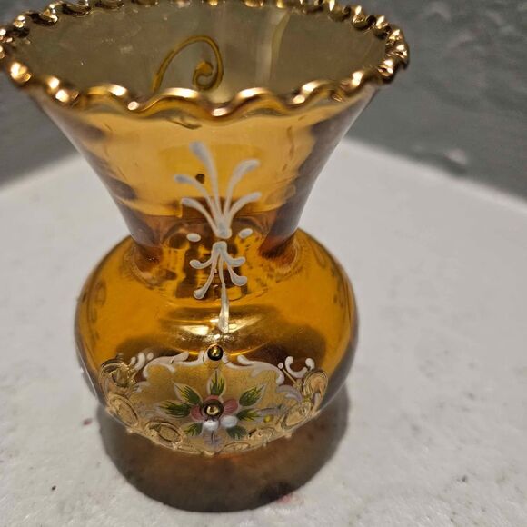 Bohemian Hand Blown Hand Painted Gold Rimmed Amber 3.5" Vase - Picture 3 of 10